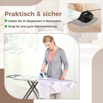 Skládací žehlicí prkno s odkládací plochou na žehličku a 7 nastavitelnými výškami, nosnost až 30 kg, pruhované, L