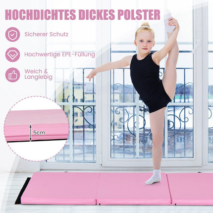 Skládací měkká podložka na zem se 2 držadly, protiskluzová gymnastická žíněnka 180 x 60 x 5 cm růžová