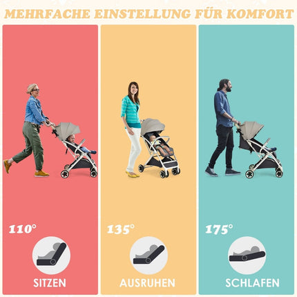 Skládací cestovní kočárek s nastavitelným opěradlem a stříškou, dětský kočárek s držákem nápojů, šedá