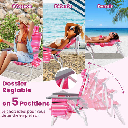 Folding Beach Chair Set, 2 Chairs, Table, 5-Position Backrest