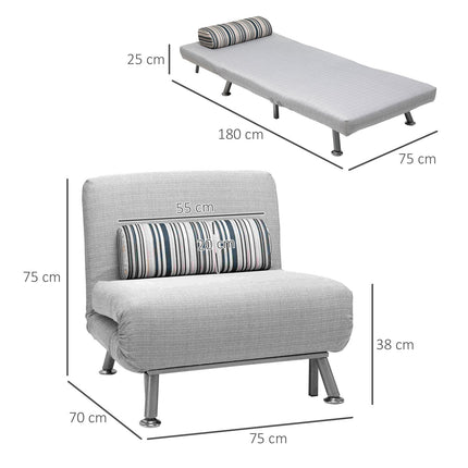 Skládací kovová pohovka s funkcí lůžka, šedá – kompaktní 75 x 70 x 75 cm