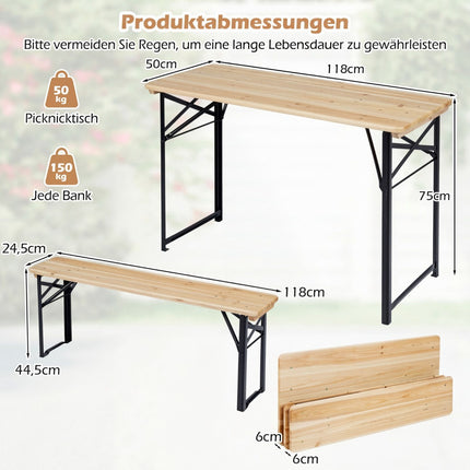 Skládací pivní set se stolem a 2 lavicemi, 118 cm