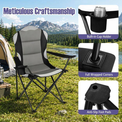 Folding Camping Chair, Black, High Backrest, Cup Holder