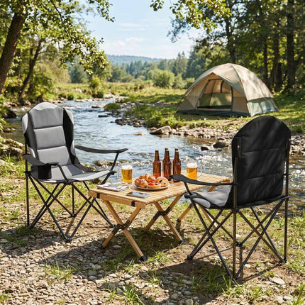 Folding Camping Chair, Black, High Backrest, Cup Holder