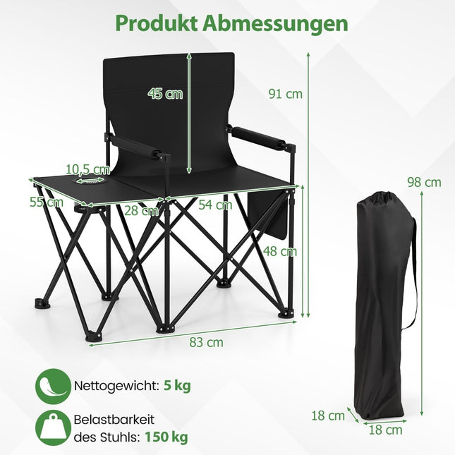 Set van 2 opklapbare campingstoelen met bijzettafel en bekerhouder.