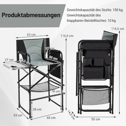 Skládací kempingová židle s odkládacím stolkem a podnožkou, černá/šedá