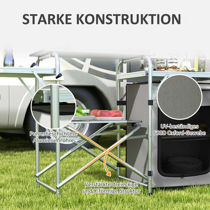 Outdoor folding camping kitchen with UV and wind protection