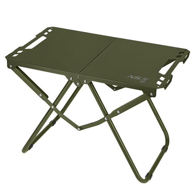 Opklapbare campingtafel, groen, stalen frame, inclusief draagtas.