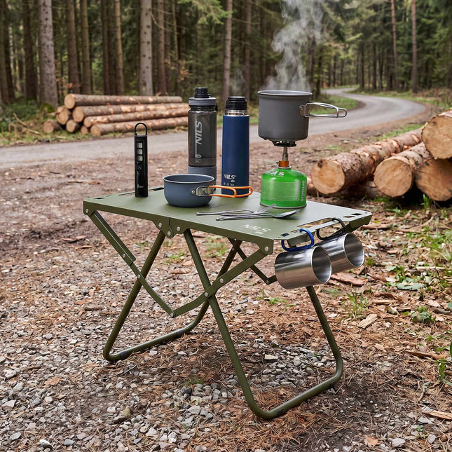 Opklapbare campingtafel, groen, stalen frame, inclusief draagtas.