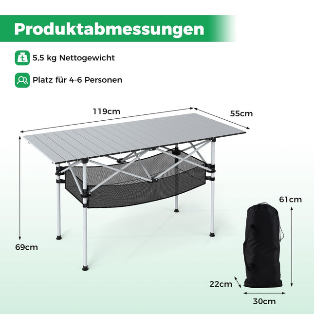 Opklapbare campingtafel met oprolbaar aluminium blad, zilverkleurig