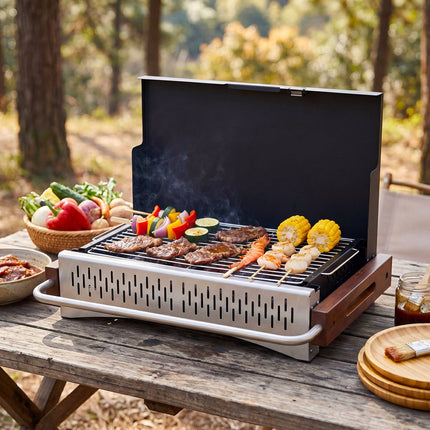 Folding Charcoal Grill, Adjustable Heights, 4-Sided Ventilation