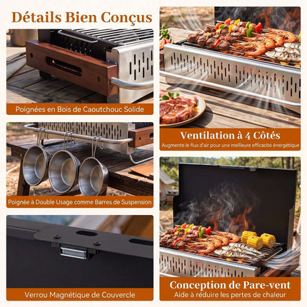Folding Charcoal Grill, Adjustable Heights, 4-Sided Ventilation