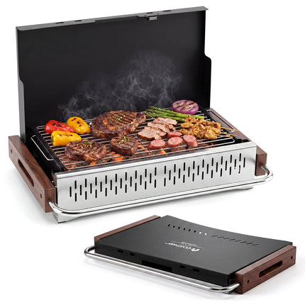 Folding Charcoal Grill, Adjustable Heights, 4-Sided Ventilation