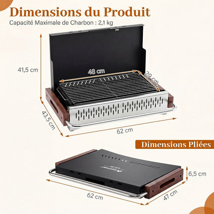Folding Charcoal Grill, Adjustable Heights, 4-Sided Ventilation