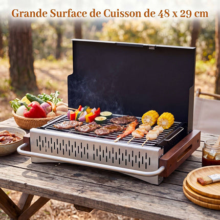 Folding Charcoal Grill, Adjustable Heights, 4-Sided Ventilation
