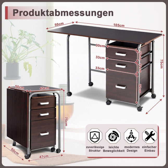 Opvouwbaar computerbureau, rollende kantoortafel met metalen frame, 105 x 50 x 75 cm, bruin
