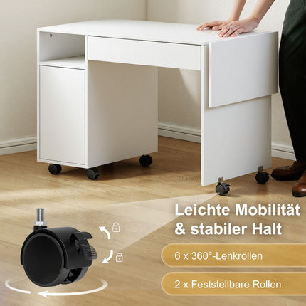 Folding Computer Desk with Cabinet and Drawer, White