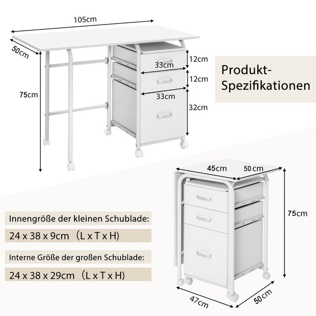 Opvouwbaar bureau met wielen Computerbureau 105 x 50 x 75 cm Wit