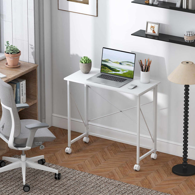 Opklapbaar bureau met wielen, stalen frame, 80x40x75 cm, wit