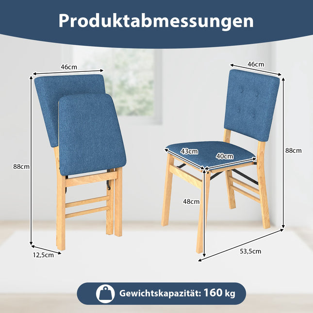 Folding Dining Chairs Set of 2, Padded Seat, Blue Linen