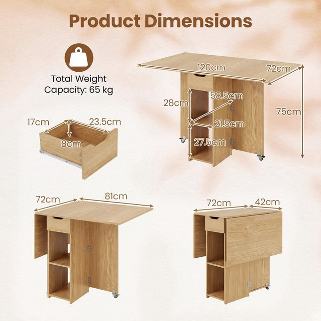 Opklapbare eettafel met wielen, planken en lade