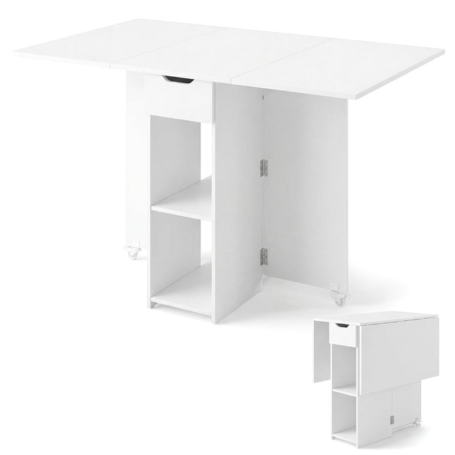 Opklapbare eettafel met wielen, planken en lade - wit