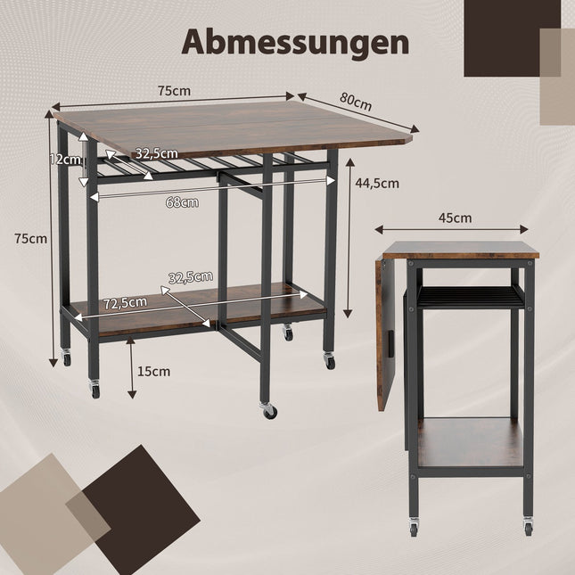 Opklapbare eettafel met wielen en wijnrek, rustiek bruin