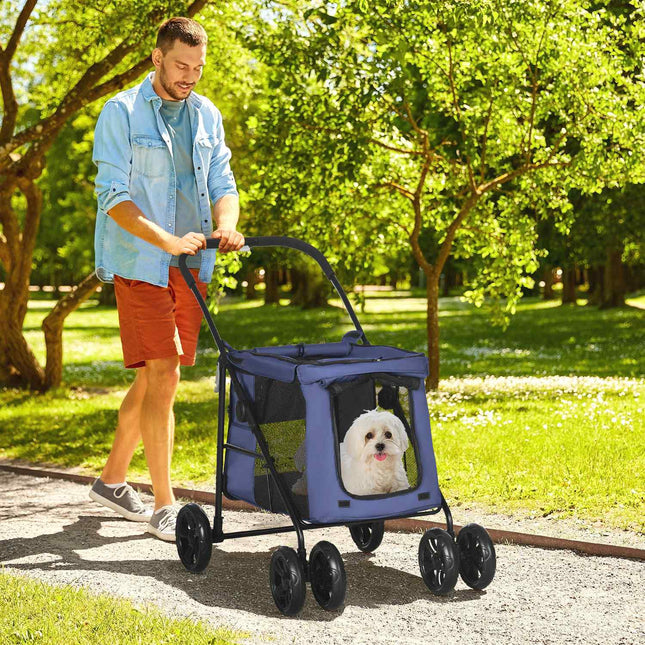 Opvouwbare Hondenwagen Met Kussen, Zijvakken, Gaasvenster, Voor Kleine En Middelgrote Honden Tot 20 Kg, Oxford-Stof, Blauw