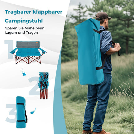 Folding Double Camping Chair, Adjustable Armrests, Navy