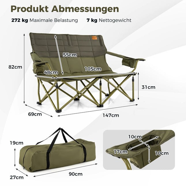 Opklapbare tweepersoons campingstoel met verstelbare armleuningen