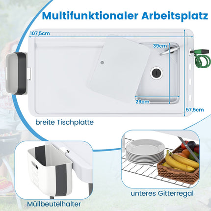 Faltbarer Fischreinigungstisch mit Spüle und Ablage – Weiß