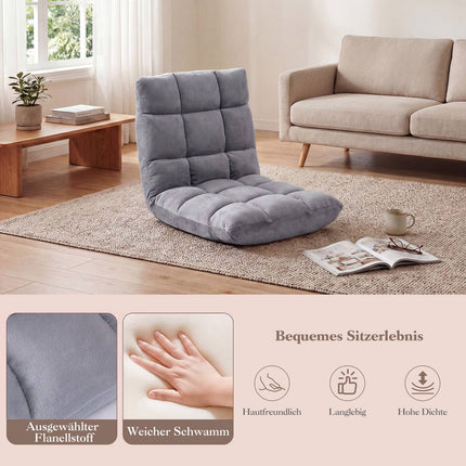 Folding Floor Chair, Adjustable Backrest, Grey, Coral Fleece
