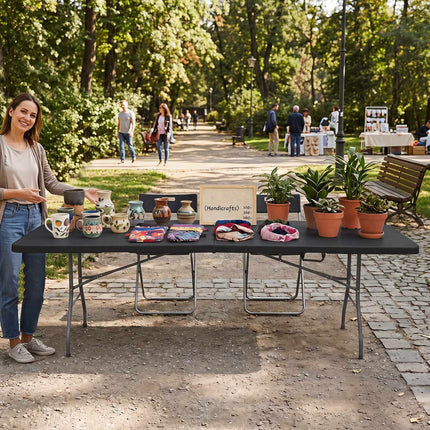 Folding Garden Table 244x75 cm, Black, Seats 10, Portable