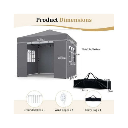 Folding Gazebo 3 x 3 m with Removable Side Panels, Metal Frame, Grey, 3 Heights