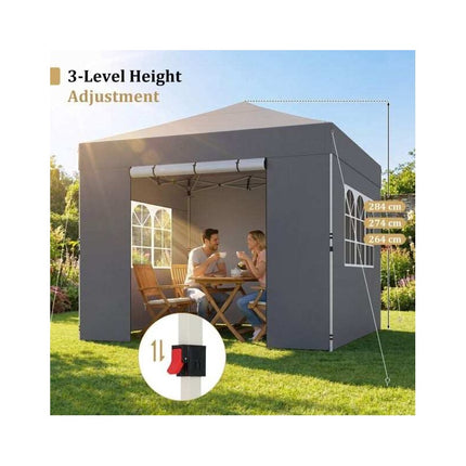 Folding Gazebo 3 x 3 m with Removable Side Panels, Metal Frame, Grey, 3 Heights