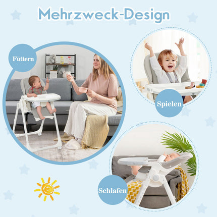 Skládací dětská jídelní židlička, 6 výškových poloh, polohovací opěrka, kolečka 360