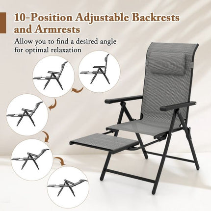 Folding Patio Lounge Chair – 10-Position Footrest, Grey