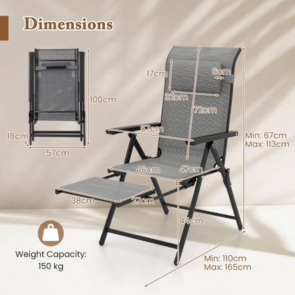 Folding Patio Lounge Chair – 10-Position Footrest, Grey
