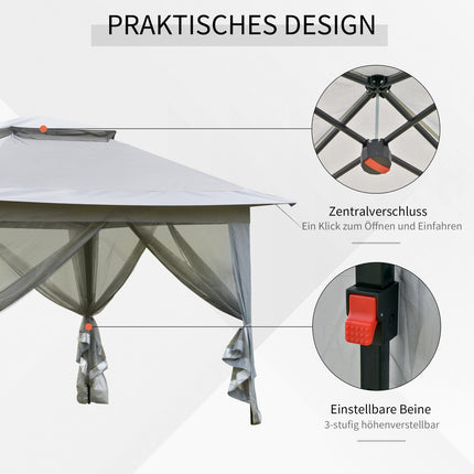 Šedý pop-up zahradní pavilon s pojízdnou taškou, 3.64x3.64m