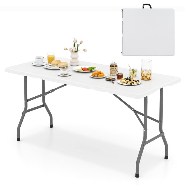 Opklapbare picknicktafel van 1,5 meter, blad van HDPE met houtnerfstructuur, antislipvoetjes.