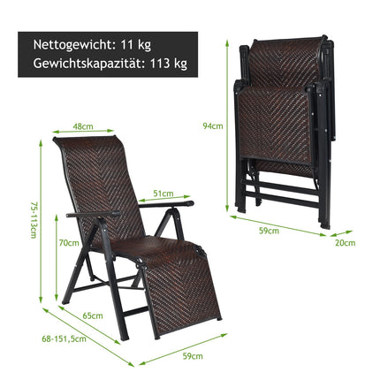 Folding Rattan Chairs, Adjustable Backrest, Brown, Set of 2