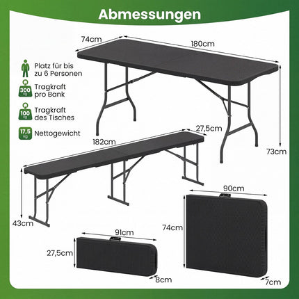 Folding Rattan-Look Beer Bench, Black, 182cm, Portable