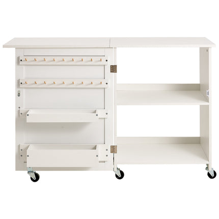 Folding Sewing Table, Rolling Cabinet with Shelves and Trays, White