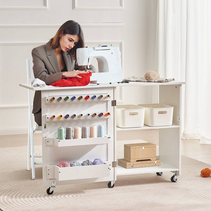 Folding Sewing Table, Rolling Cabinet with Shelves and Trays, White
