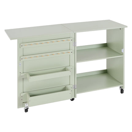 Folding Sewing Table With Wheels, Storage Shelf, Light Green