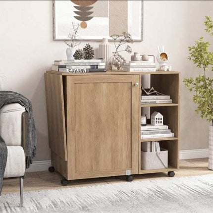 Folding Sewing Table with Storage Shelves, Brown MDF