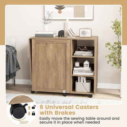 Folding Sewing Table with Storage Shelves, Brown MDF