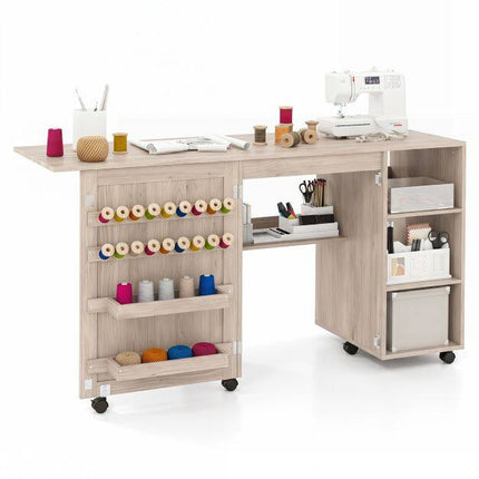 Folding Sewing Table with Storage Shelves and Casters