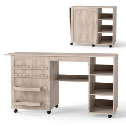 Folding Sewing Table with Storage Shelves and Casters