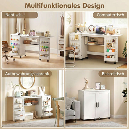 Folding Sewing Table with Storage, White – Magnetic Doors